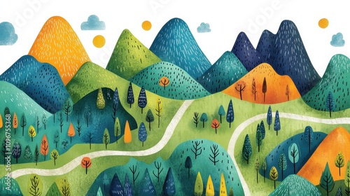 Playful Cartoon Map of Mountains and Forests