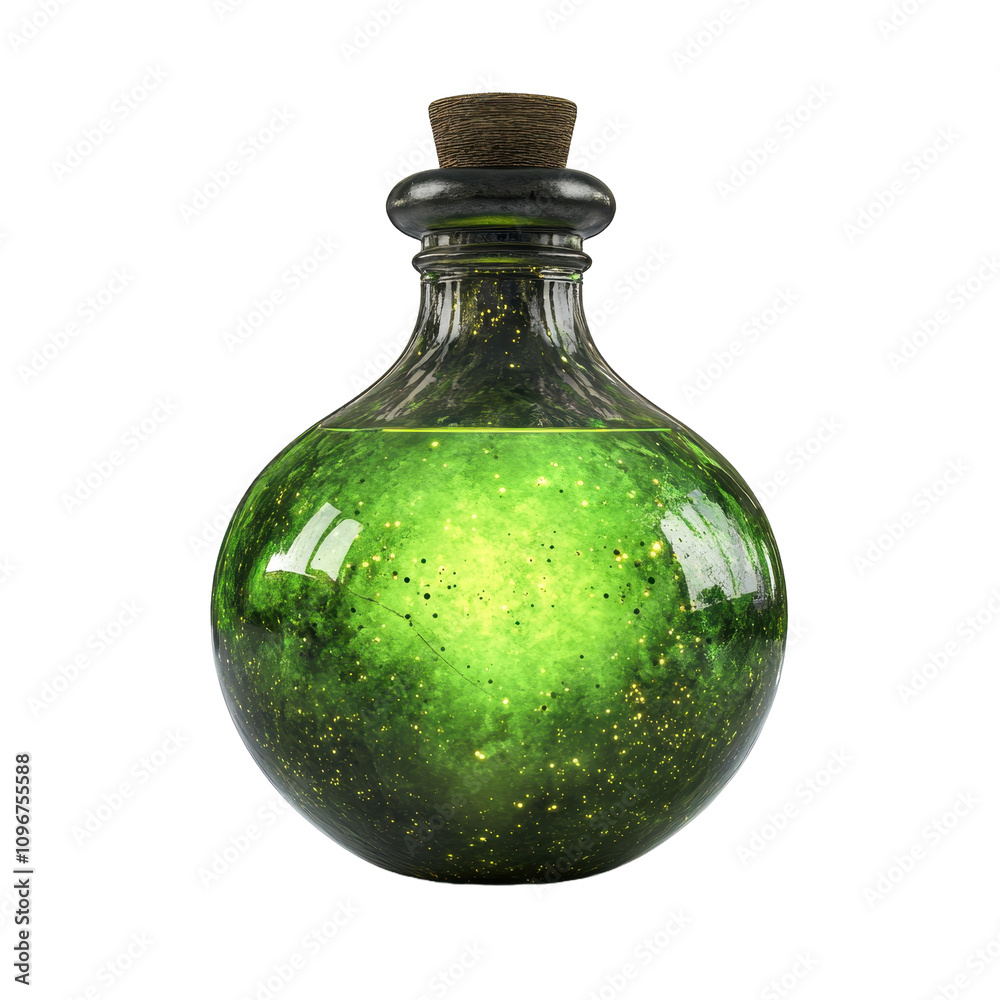 A round glass bottle with a cork top contains a luminous green liquid filled with golden sparkles against a black background. A round glass bottle with a cork top contains a luminous green liquid filled with golden sparkles against a black background.