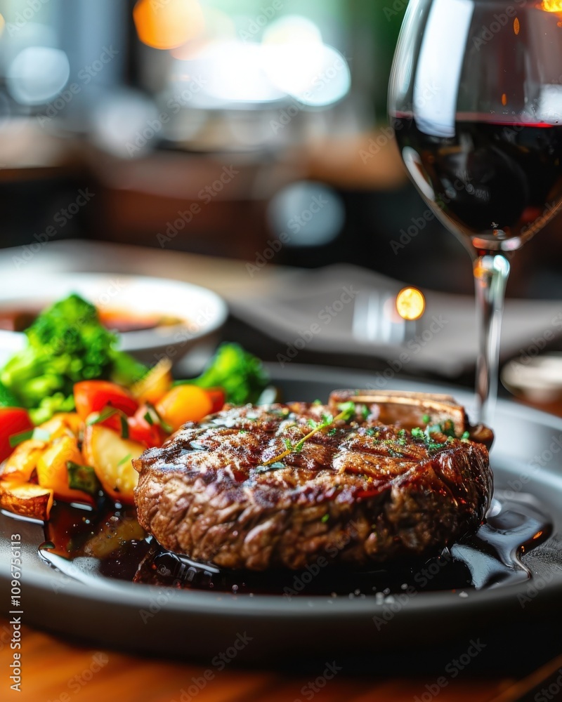 Sizzling steak served on hot plate with red wine fine dining restaurant food photography warm atmosphere side view culinary experience Sizzling steak served on hot plate with red wine fine dining restaurant food photography warm atmosphere side view culinary experience