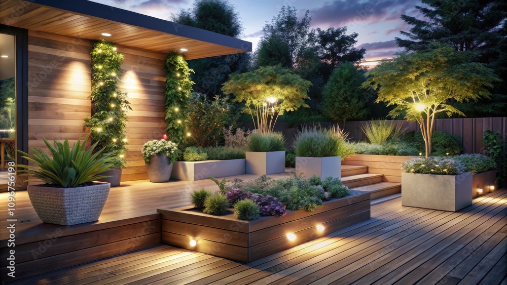 Fototapeta premium A well-lit wooden deck with a built-in planter and a cozy seating area, creating a perfect ambiance for relaxation in the evening.