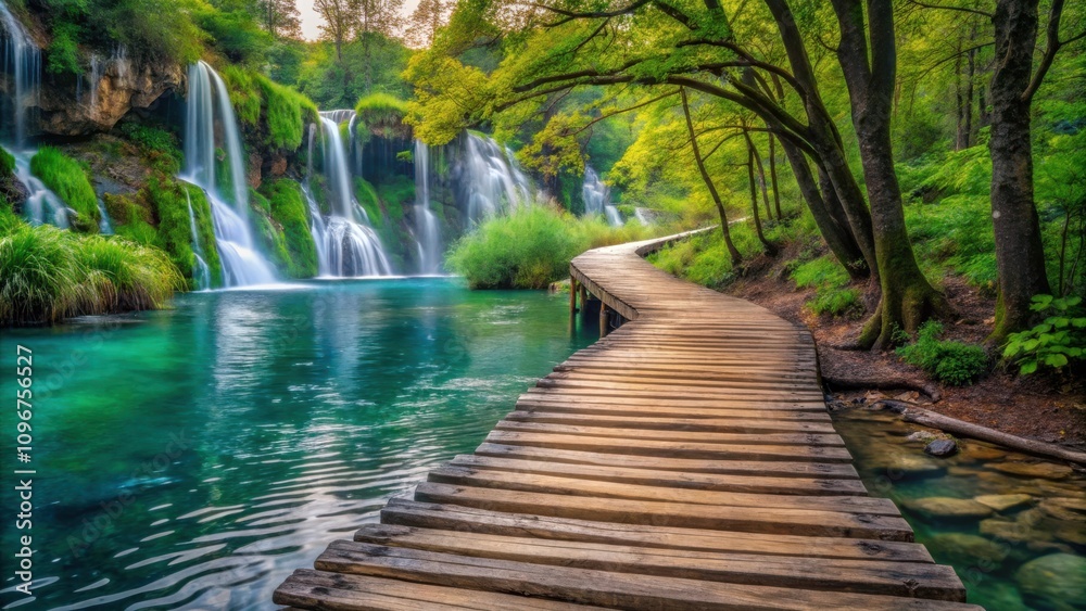 Fototapeta premium A Serene Wooden Path Winds Through a Lush Forest Towards a Cascading Waterfall in a Tranquil Lagoon