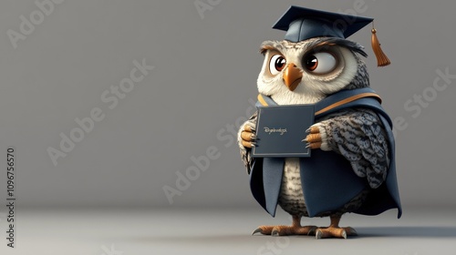 A cartoon owl in a graduation cap holds a diploma, symbolizing education and achievement. photo