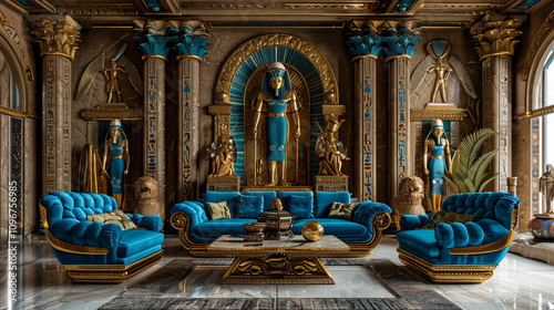 A lavish living room with a sandstone coffee table, richly upholstered chairs in turquoise and gold, and walls adorned with intricate carvings of Egyptian deities. photo