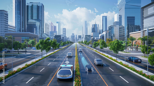 High-tech city street with autonomous vehicles