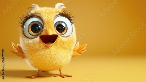 create a kind mascot of a non-existent female with big eyes laughing in the form of a bird