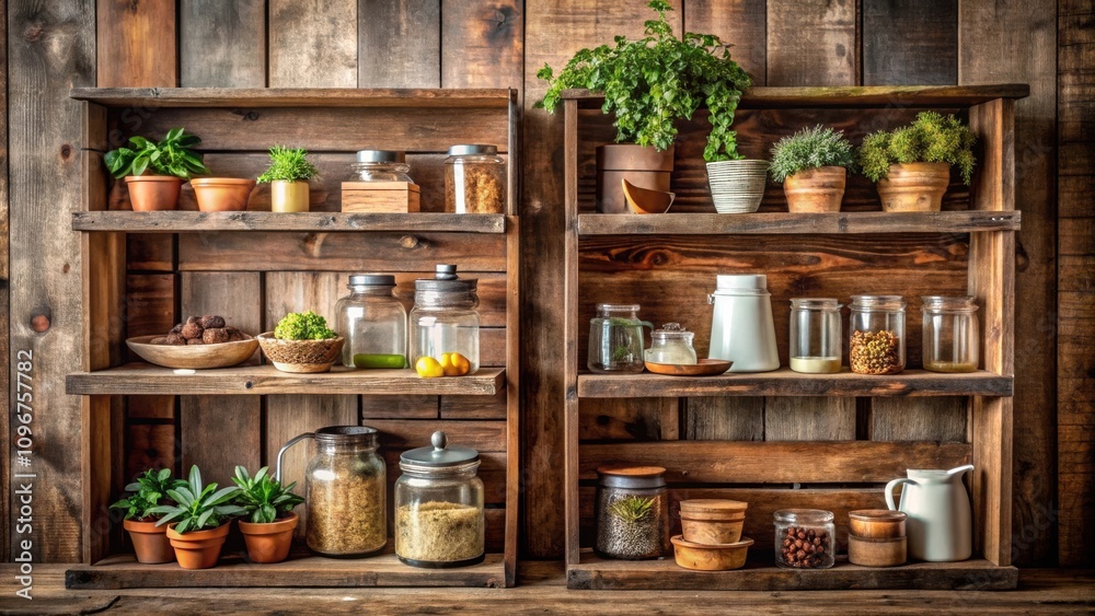 Rustic wooden shelves filled with various glass jars, ceramic containers, and potted plants, showcasing a charming and earthy aesthetic Rustic wooden shelves filled with various glass jars, ceramic containers, and potted plants, showcasing a charming and earthy aesthetic