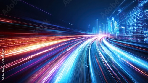 Futuristic highway with vibrant light trails speeding towards a city skyline at night.