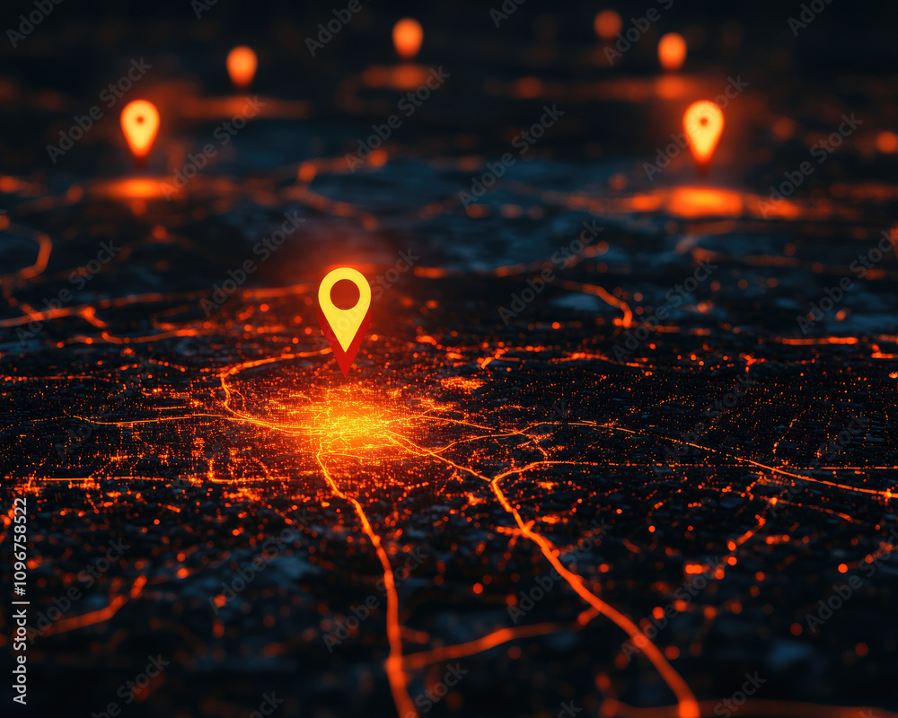 A night cityscape with glowing location pins marking points of interest in a digital map.