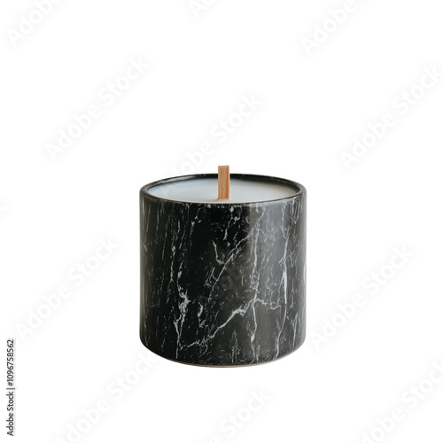 Stylish marbled black and white ceramic candle holder with white wax, isolated on transparent background