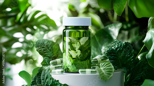 A vibrant Wolffia supplement bottle, showcasing the green plant s potential in health and wellness, displayed with clear labels and surrounded by fresh Wolffia plants photo