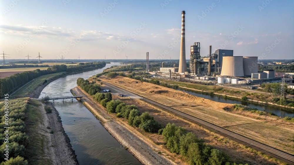 View of an industrial area and a coal power plant next to a flowing watercourse, pollution, river, coal power plant, landscape, industrial area View of an industrial area and a coal power plant next to a flowing watercourse, pollution, river, coal power plant, landscape, industrial area