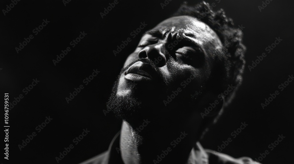 man expressing deep emotion through his facial expression in dramatic black and white portrait. lighting highlights his intense focus and texture of his skin, creating powerful image man expressing deep emotion through his facial expression in dramatic black and white portrait. lighting highlights his intense focus and texture of his skin, creating powerful image