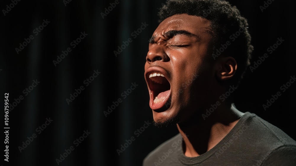 man passionately expressing deep emotion through his voice on stage, with dramatic lighting highlighting his intense performance man passionately expressing deep emotion through his voice on stage, with dramatic lighting highlighting his intense performance