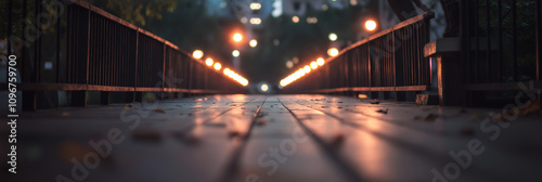 A perspective view of a dimly lit walkway or bridge lined with glowing street lamps, creating a dramatic and atmospheric night scene in an urban setting. photo