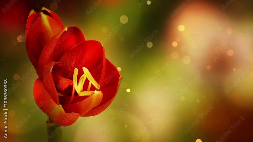 time lapse of isolated blooming red amaryllis flower on bright bokeh light animation background in christmas colors, floral christmas star decoration concept for digital xmas greetings