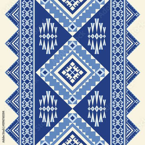 Traditional Blue and White Geometric Tribal Pattern with Intricate Diamond and Line Motifs