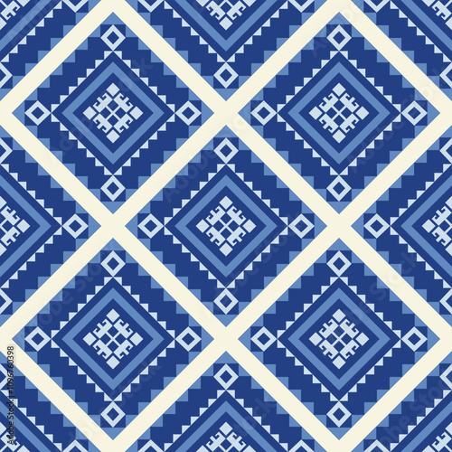 Seamless Blue Diamond Geometric Pattern with Tribal Symmetry and Traditional Ethnic Decorative Design