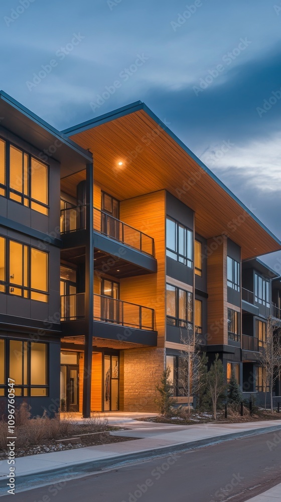 Modern Building at Dusk with Warm Lighting and Sleek Design Modern Building at Dusk with Warm Lighting and Sleek Design
