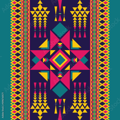 Symmetrical Tribal Art Design with Bold Geometric Patterns and Vibrant Multicolor Ethnic Aesthetic