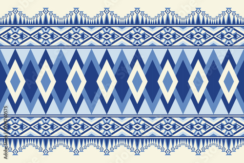 Blue Diamond Ethnic Pattern with Intricate Borders and Geometric Symmetry
