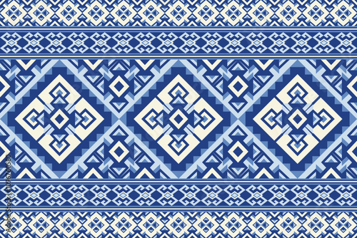 Traditional Blue Geometric Ethnic Pattern Featuring Diamond and Zigzag Motifs in Repetitive Style