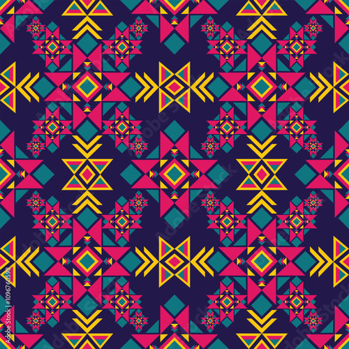 Colorful Geometric Star Pattern with Symmetrical Tribal Motifs and Vibrant Ethnic Decorative Design