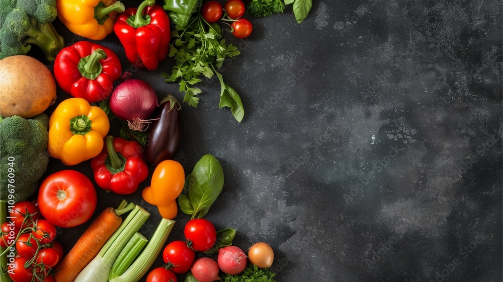 Vibrant Veggie Bounty: A tantalizing display of fresh, colorful vegetables arranged on a dark background. The image evokes a sense of health, abundance, and culinary creativity. Vibrant Veggie Bounty: A tantalizing display of fresh, colorful vegetables arranged on a dark background. The image evokes a sense of health, abundance, and culinary creativity.