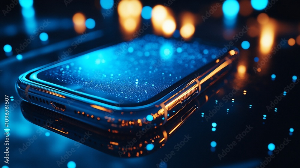 Futuristic smartphone with glowing particles on screen, reflecting on dark surface. Futuristic smartphone with glowing particles on screen, reflecting on dark surface.