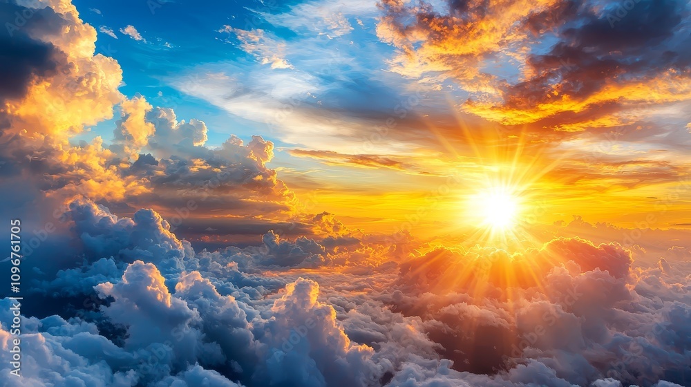 A sunset above the clouds with the sun shining through the clouds A sunset above the clouds with the sun shining through the clouds