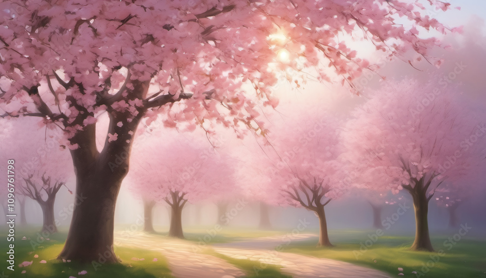 Blossoming Cherry Trees in Morning Light Blossoming Cherry Trees in Morning Light