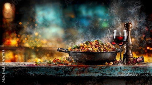 A bowl of food and two glasses of wine on a table