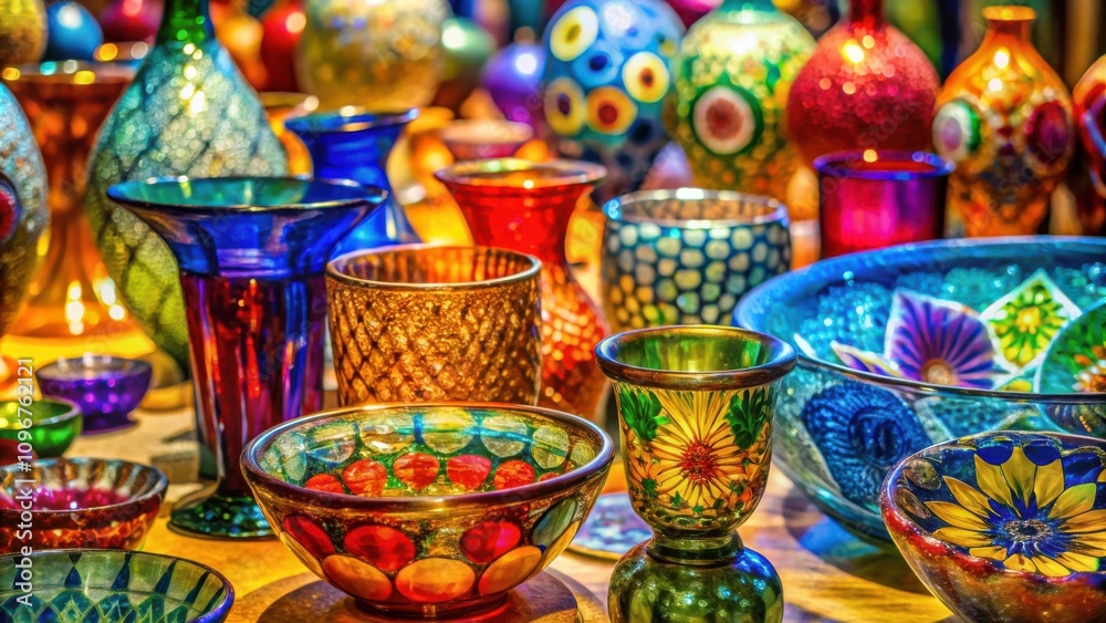 Fototapeta premium A vibrant display of handblown glass vessels, each showcasing unique patterns and colors, reflecting the artistry of skilled glassblowers
