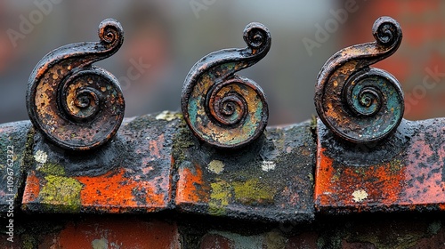 A close up of a rusty metal finial on a brick wall