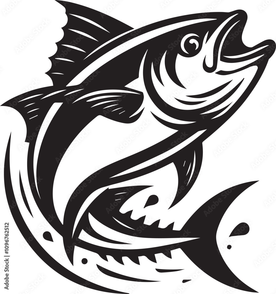 Naklejka premium A tuna with a joyful leap arched body and exaggerated fins vector silhouette