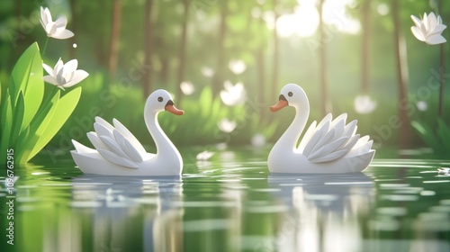 Two elegant swans gliding on a serene pond surrounded by lush greenery and flowers. photo