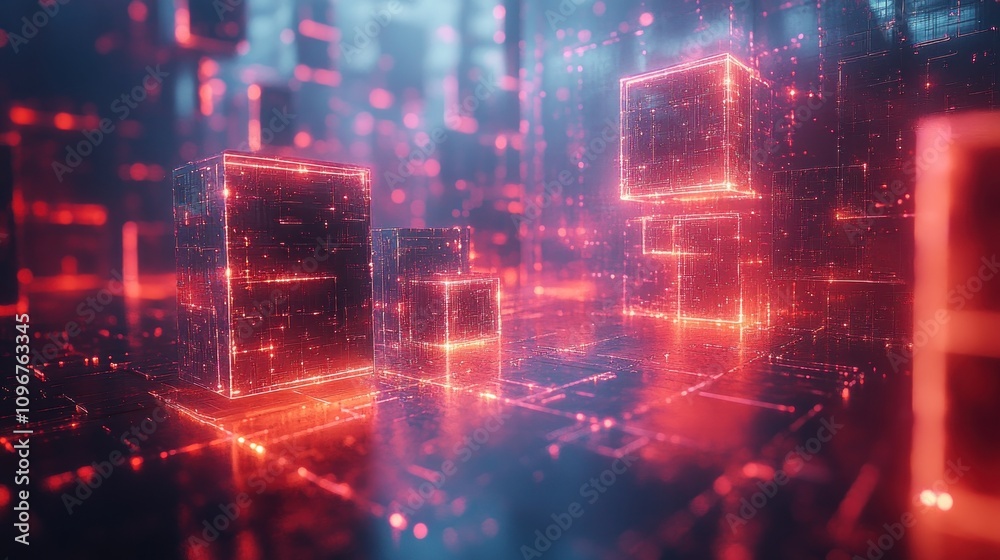 Glowing Digital Cubes in a Futuristic Cityscape Glowing Digital Cubes in a Futuristic Cityscape