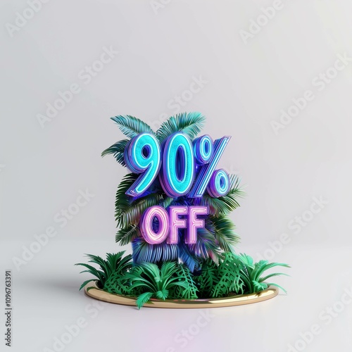 3D rendering object word 90% OFF summer theme - 90% off, discount, sale, offer, promotion, advertising, marketing, retail, shopping photo