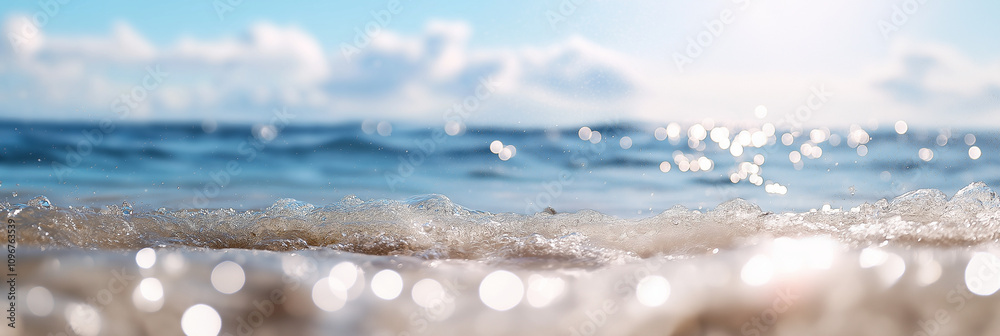 A serene view of sparkling sea waves under a bright summer sky, capturing the tranquil essence of a sun-soaked beach afternoon in perfect clarity.
