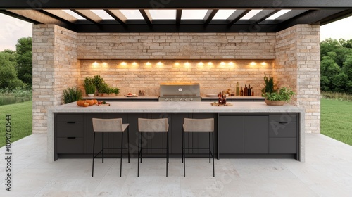 A modern outdoor kitchen featuring sleek cabinetry, stone walls, and bar stools, illuminated with warm lighting, perfect for entertaining.