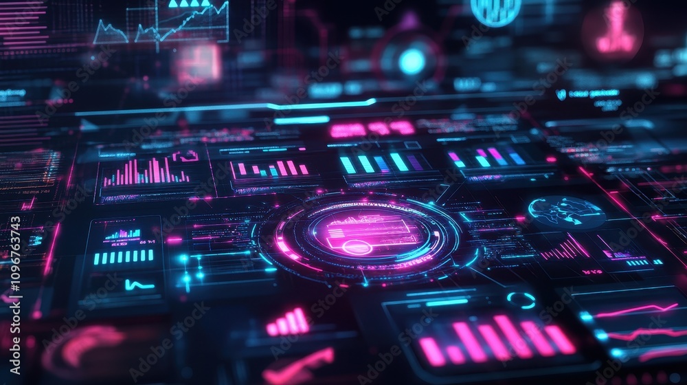 A computer screen with many different colored icons and graphs