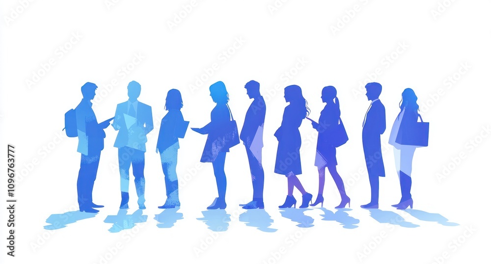 Blue silhouette of diverse businesspeople standing in a row, interacting and holding documents. Blue silhouette of diverse businesspeople standing in a row, interacting and holding documents.