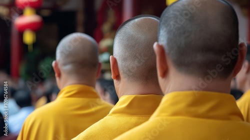 Back view of three bald monks in yellow robes inside a temple. photo