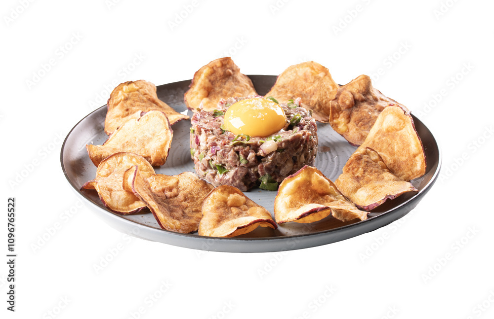 meat tartare dish with raw egg yolk and fried sweet potato chips isolated meat tartare dish with raw egg yolk and fried sweet potato chips isolated