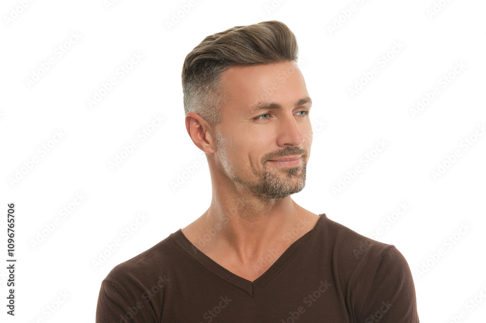 Stylish men hair fashion. Caucasian mature man. Man face portrait isolated on white. Handsome mature man with hair. Stylish male. Men casual style. Portrait of handsome guy with hairstyle. Skincare Stylish men hair fashion. Caucasian mature man. Man face portrait isolated on white. Handsome mature man with hair. Stylish male. Men casual style. Portrait of handsome guy with hairstyle. Skincare