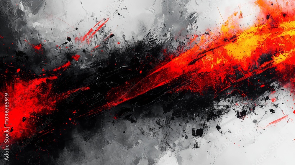 A black and white painting with red and yellow paint splatters A black and white painting with red and yellow paint splatters