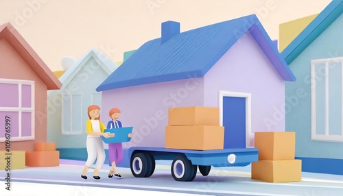 Loaders take boxes out of a huge truck and carry them into a cozy two-story house on a cozy street, animation
