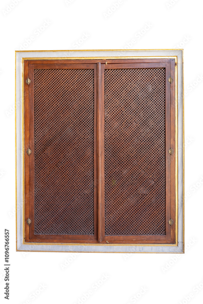 Antique traditional window wood with gold line frame on white background