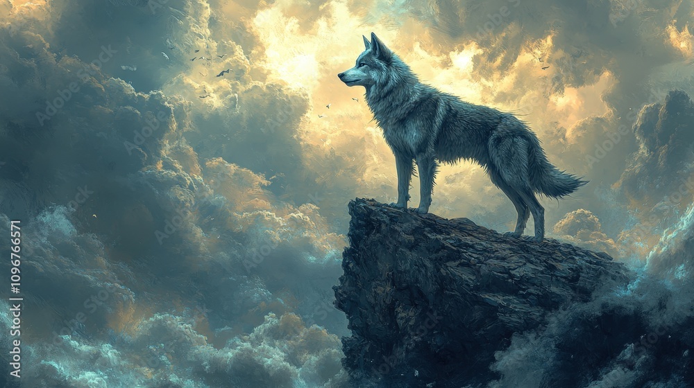 Fototapeta premium Majestic Wolf Standing on a Rock Against Dramatic Sky