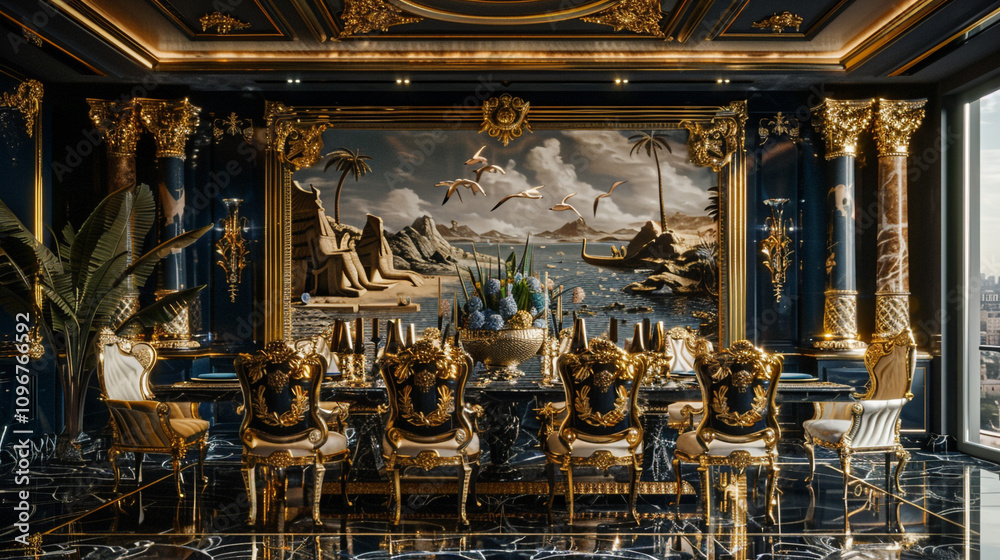 Obraz premium A luxurious dining room with a polished black marble table, golden chairs with Egyptian-inspired carvings, and a mural of the Nile River on the wall.