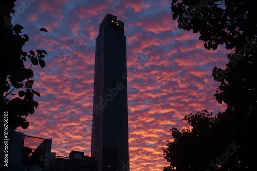 A tall building silhouetted against a vibrant sunset sky filled with colorful clouds.